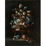 Dutch School, 17th Century Style Still Life with Flowers, Fruit, and Butterfly Unsigned. Oil on