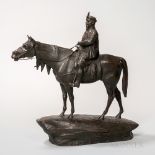 Bronze Figure of a Man on Horseback, dark brown patina, unidentified inscribed signatures and