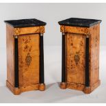 Pair of Empire-style Marble-top Stands, each with black marble top, case with burl veneer, above a