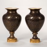 Pair of Sevres-style Cobalt Blue Vases, France, 19th century, bulbous shapes allover gilt