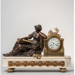 Patinated and Dore Bronze Clock, France, 19th century, bronze classical maiden resting with a