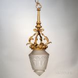 Gilt-bronze and Cut-glass Hanging Light Fixture, 20th century, hanging ring with fluted column, four