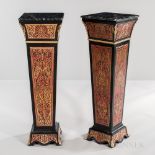 Pair of Louis XIV-style Marble-top Boulle-work Pedestals, modern, beveled porto marble top,