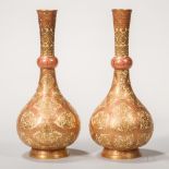 Pair of Crown Derby Porcelain Persian-style Vases, England, c. 1890, bottle shapes with deep cream