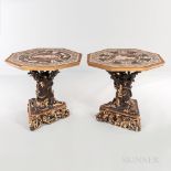 Pair of Grotto-style Carved and Painted Center Tables, probably Italy, 20th century, octagonal