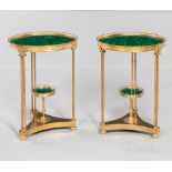 Pair of Neoclassical-style Gilt-metal and Malachite Two-tier Tables, modern, round stone top set