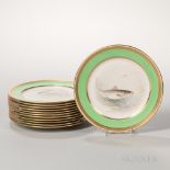 Twelve Lenox China Hand-painted Fish Plates, Trenton, New Jersey, early 20th century, gilded trim