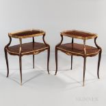 Pair of Louis XV-style Kingwood-parquetry Two-tier Tables, modern, both shelves decorated with