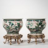 Pair of Ormolu-mounted Famille Verte Large Porcelain Bowls, China, modern, exterior decorated with