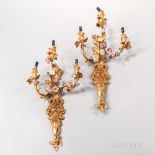 Set of Four Dore Bronze and Porcelain Three-light Sconces, France, each with foliate candle arms