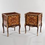 Pair of Louis XV-style Ormolu-mounted Marquetry Four-drawer Cabinets, modern, floral inlays,