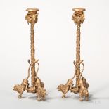 Pair of Dore Bronze Figural Candlesticks, vine stems with goat heads below candle nozzles and all