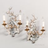 Pair of Maison Bagues-style Crystal Sconces, France, c. 1920, each with perched bird with foliage