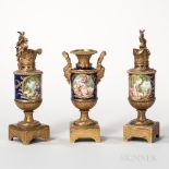 Sevres-style Porcelain and Dore Bronze Three-piece Garniture, France, a pair of griffin-handled