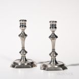 Pair of George II Sterling Silver Candlesticks, London, 1730-31, worn maker's mark possibly "IB,"