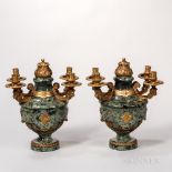 Pair of Variegated Marble Cassolette Candelabra, France, 19th century, gilt bronze mounted with four