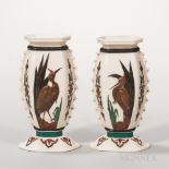 Pair of Royal Worcester Ivory-ground Porcelain Heron Vases, England, c. 1880, enamel, gilt, and