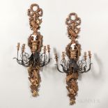 Pair of Decorative Carved Wood, Wrought Iron, Tole, and Porcelain Five-light Wall Sconces, each with