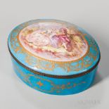 Oval Sevres-style Porcelain Box, France, late 19th century, powder blue ground with raised gilt