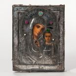 Russian Icon Depicting the Holy Mother and Child, 19th century, with stone-decorated silver riza,