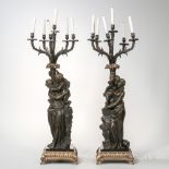 Pair of Patinated and Gilt-bronze Figural Candelabra, 20th century, five electric candles spring