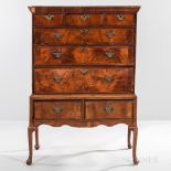 George II Veneered Chest-on-stand, 18th century, oak secondary wood, upper case with molded flat-top