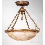 Alabaster and Gilt-bronze Hanging Light Fixture, early 20th century, cast pierced plate with pendant