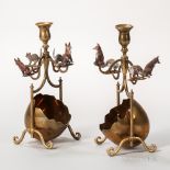 Pair of Whimsical Austrian Cold-painted Bronze and Brass Candlesticks, c. 1920, each with a single