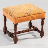 James II Walnut Joint Stool with Persian Wool Upholstery, England, late 17th century, turned legs