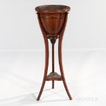 Mahogany Plant Stand, 20th century, urn-form upper section with metal liner, tripod legs, low shelf,