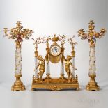 Assembled Empire-style Dore Bronze, Crystal, and Porcelain Three-piece Clock Garniture, France,
