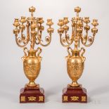 Pair of Neoclassical-style Gilt-bronze Five-arm Candelabra, 20th century, leaf-form column with