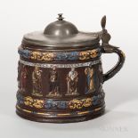 Kreussen Pewter-mounted Apostle Tankard, Germany, mid-17th century, brown ground with polychrome