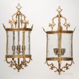 Pair of Gilt-metal and Wheel-etched Glass Hall Lanterns, modern, glass with stylized floral elements