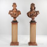 Pair of Italian Terra-cotta Busts on Wood Pedestals, two busts with mottled burnt sienna glaze and