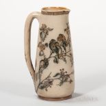 Martin Brothers Stoneware Pitcher, England, 1887, gray ground with enameled and incised birds