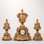 Dore Bronze and Lapis Three-piece Clock Garniture, France, 19th century, the double-sided clock