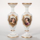 Pair of Bristol Glass Portrait Vases, England, 19th century, each white ground with gilded trim