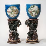 Pair of Chinese Porcelain Bowls on Blackamoor Figural Bases, modern, blue glaze bowls with famille