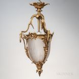 Gilt-bronze and Glass Hanging Light Fixture, 20th century, cast leaf-form canopy, central column