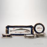 Twelve-piece Haviland Limoges Porcelain Fish Set, France, c. 1880, each transfer printed with gilded