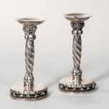 Pair of Georg Jensen Sterling Silver Candlesticks, Denmark, c. 1930, pattern no. 264, with pendant
