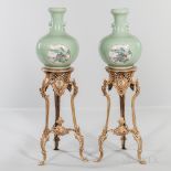Pair of Chinese Celadon Bottle Vases with Gilt-metal Floor Stands, modern, long necks topped by
