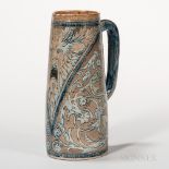 Martin Brothers Stoneware Jug, England, 1896, tan ground with blue enamel to incised decoration, a
