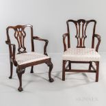 Two Georgian Mahogany Open Armchairs, England, one late 18th century, oak secondary wood, curved