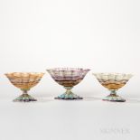 Set of Three Carved Fluorite and Blue Agate Bowls, each with scalloped oval bowl set atop stepped