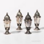 Four Georg Jensen Sterling Silver Shakers, Denmark, c. 1930, pattern no. 741, in the "Acorn"