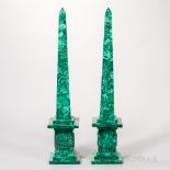 Large Pair of Russian Malachite Obelisks, 20th century, tapering square shape set atop a stepped
