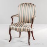 George III Mahogany Open Armchair, England, late 18th century, curved back, shaped arms and