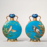 Pair of Minton Porcelain Turquoise-ground Moon Flasks, England, c. 1875, polychrome enameled and